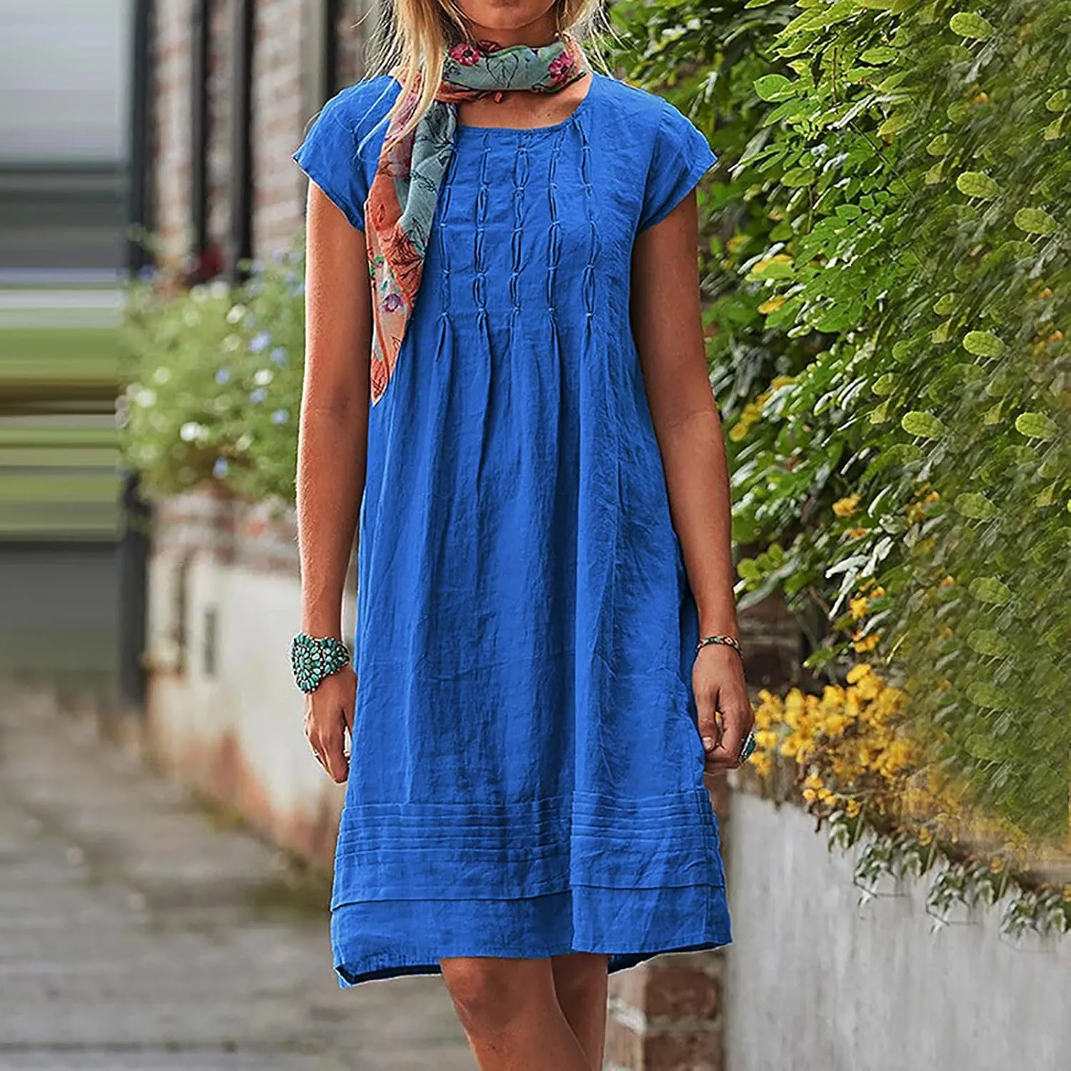 Women's Cotton Linen Midi Dress Plus Size Cap Sleeve Pleated Summer Dresses Vacation 2025 Crew Neck Casual Dress