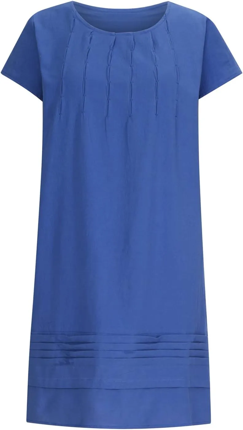Women's Cotton Linen Midi Dress Plus Size Cap Sleeve Pleated Summer Dresses Vacation 2025 Crew Neck Casual Dress