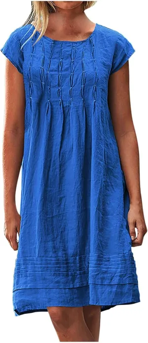 Women's Cotton Linen Midi Dress Plus Size Cap Sleeve Pleated Summer Dresses Vacation 2025 Crew Neck Casual Dress