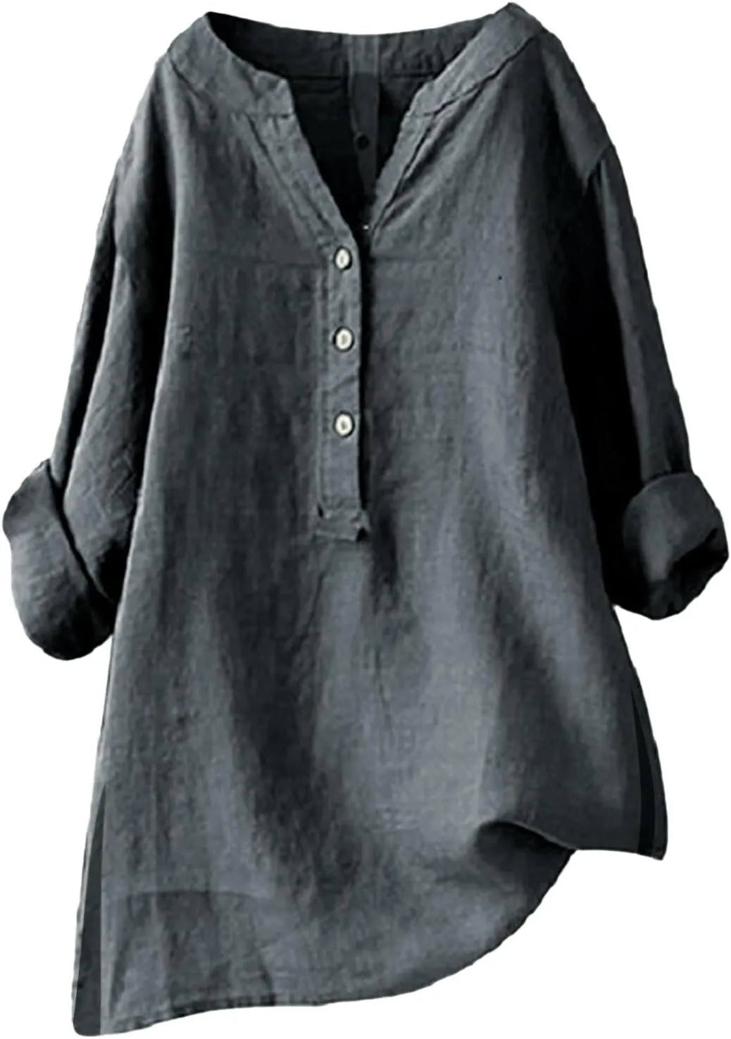 Womens Cotton Linen Shirts Solid 3/4 Sleeve Summer Vacation Tunic Tops Oversized Tshirts V Neck Dressy Blouses Tops