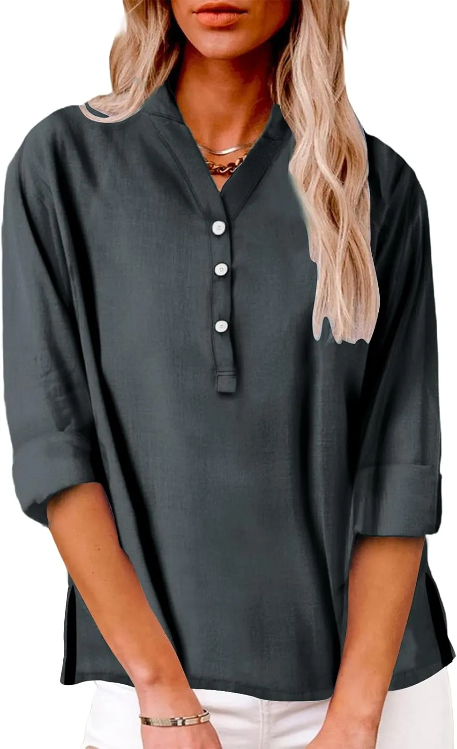 Womens Cotton Linen Shirts Solid 3/4 Sleeve Summer Vacation Tunic Tops Oversized Tshirts V Neck Dressy Blouses Tops