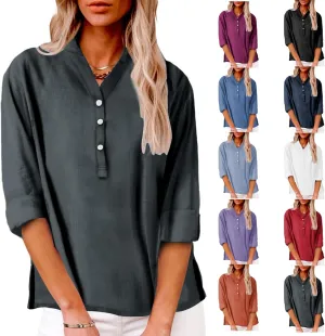 Womens Cotton Linen Shirts Solid 3/4 Sleeve Summer Vacation Tunic Tops Oversized Tshirts V Neck Dressy Blouses Tops