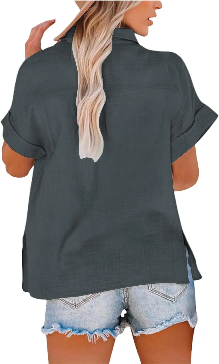 Womens Cotton Linen Shirts Solid 3/4 Sleeve Summer Vacation Tunic Tops Oversized Tshirts V Neck Dressy Blouses Tops
