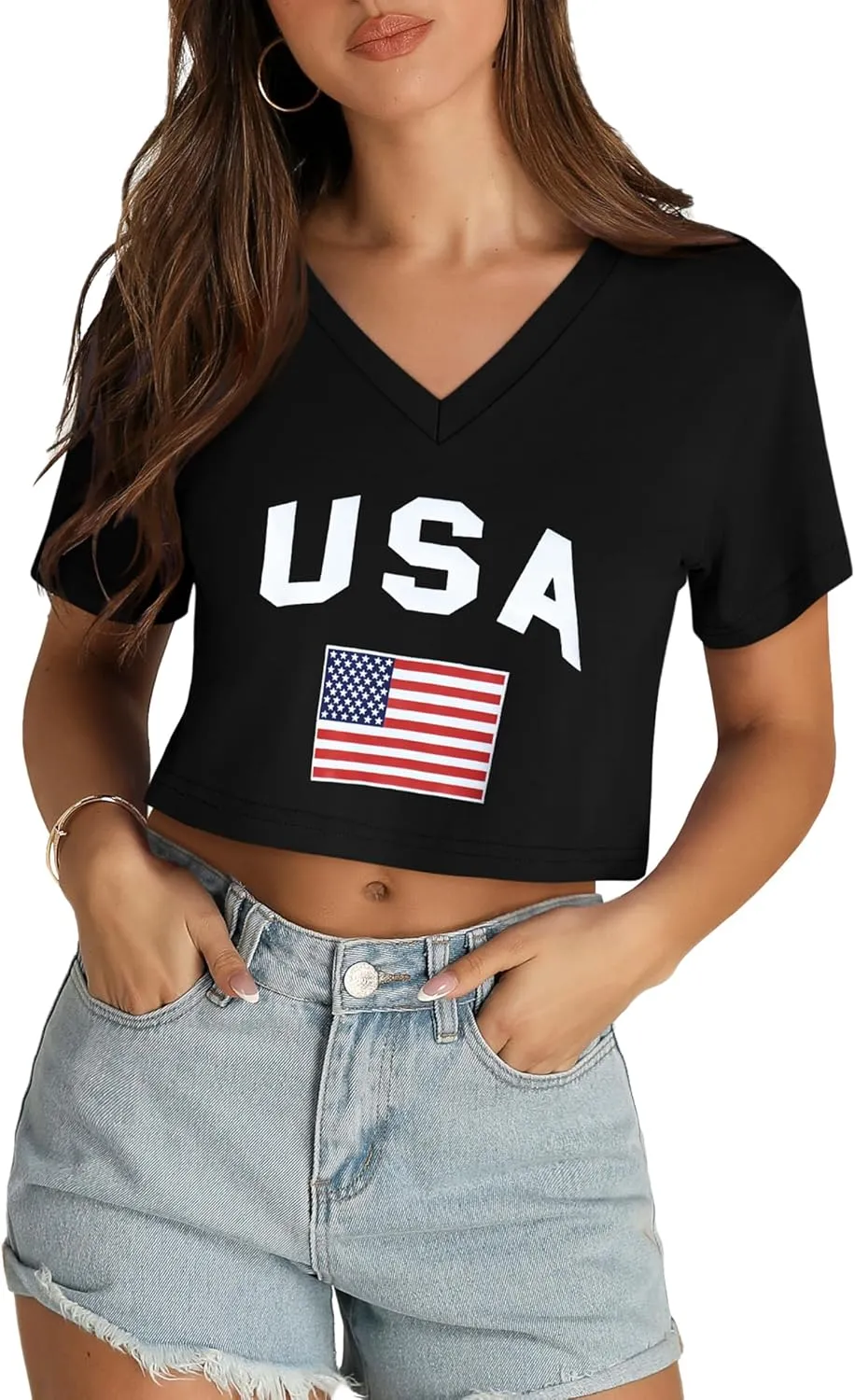 Womens Crop Tops Summer Baisc Tees V Neck T Shirts Casual Short Sleeve Cropped Top