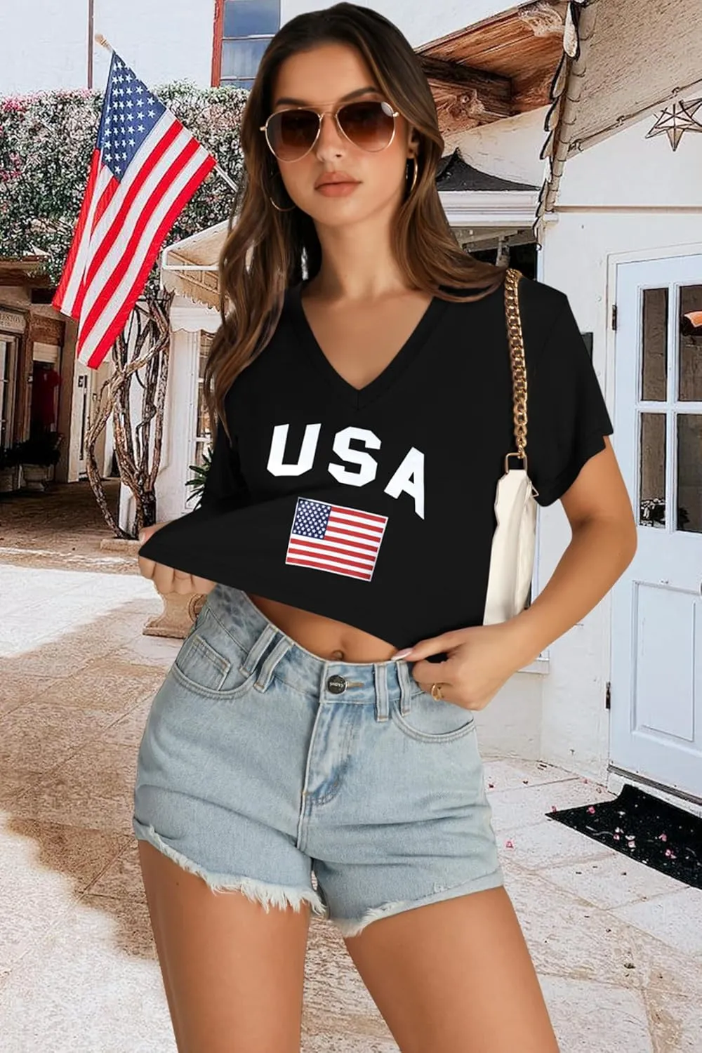 Womens Crop Tops Summer Baisc Tees V Neck T Shirts Casual Short Sleeve Cropped Top