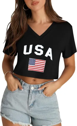 Womens Crop Tops Summer Baisc Tees V Neck T Shirts Casual Short Sleeve Cropped Top