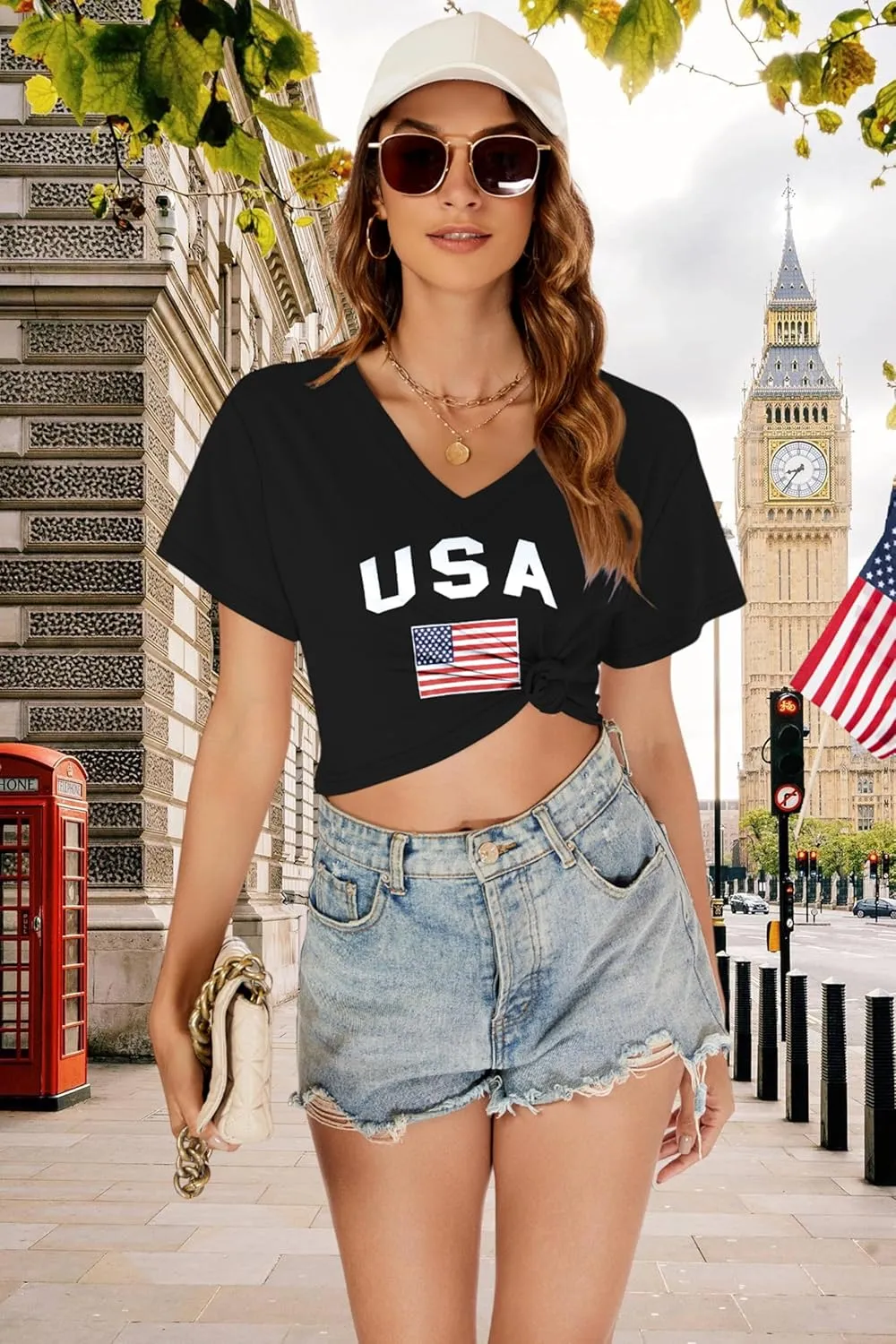 Womens Crop Tops Summer Baisc Tees V Neck T Shirts Casual Short Sleeve Cropped Top