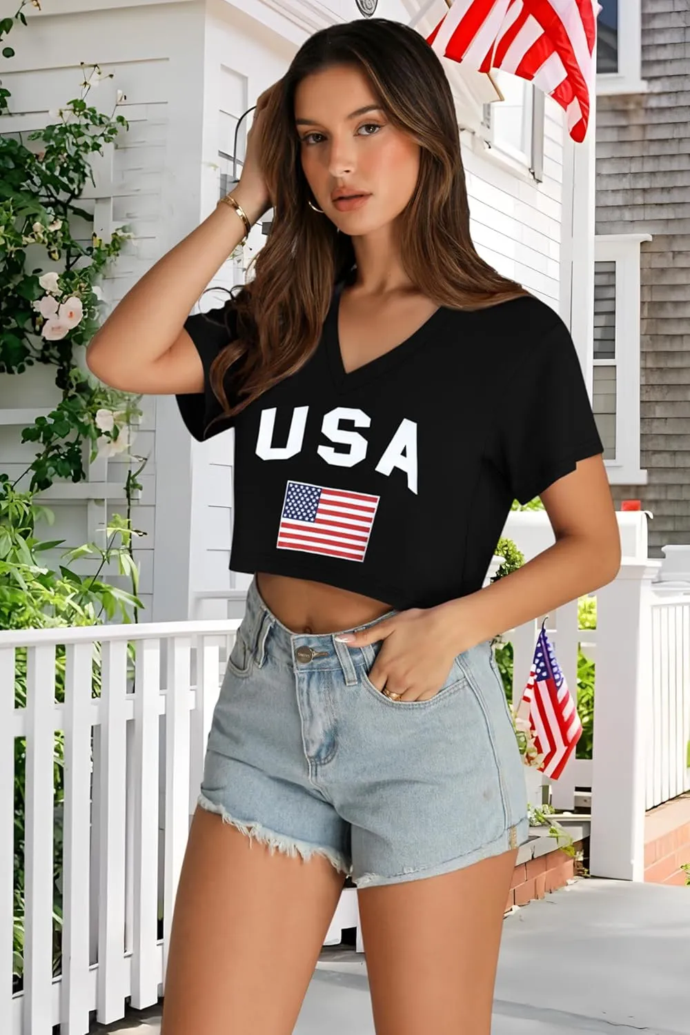 Womens Crop Tops Summer Baisc Tees V Neck T Shirts Casual Short Sleeve Cropped Top