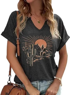 Women's Floral T-Shirts V-Neck Dandelion Sun Flower Graphic Casual Tee Boho Tops Cute Wildflowers Shirts
