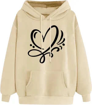 Women's Hoodies Pullover Cute Heart Sweatshirts Casual Long Sleeve Tops Kangaroo Pocket Sweatshirt for Teen Girl
