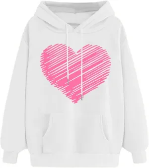 Womens Hoodies Pullover Fall Fashion Love Heart Print Long Sleeve Oversized Sweatshirt Loose Fit Blouses with Pockets
