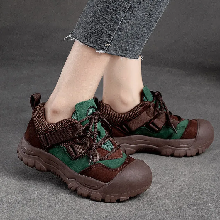 Women's Leather Colorblocking Big Head Lace Up Platform Casual Shoes