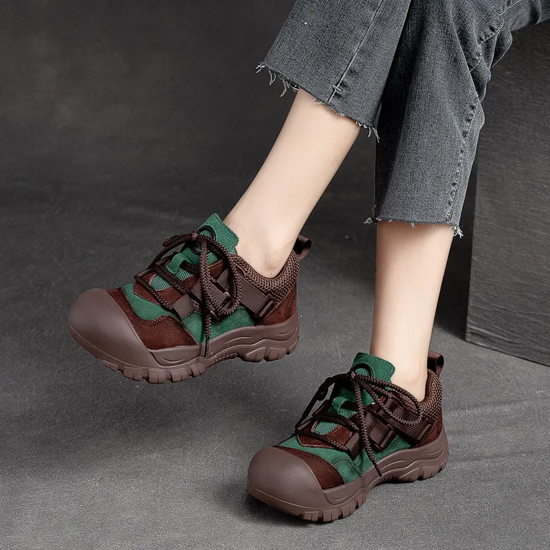 Women's Leather Colorblocking Big Head Lace Up Platform Casual Shoes