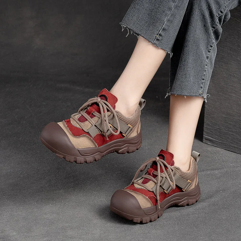 Women's Leather Colorblocking Big Head Lace Up Platform Casual Shoes