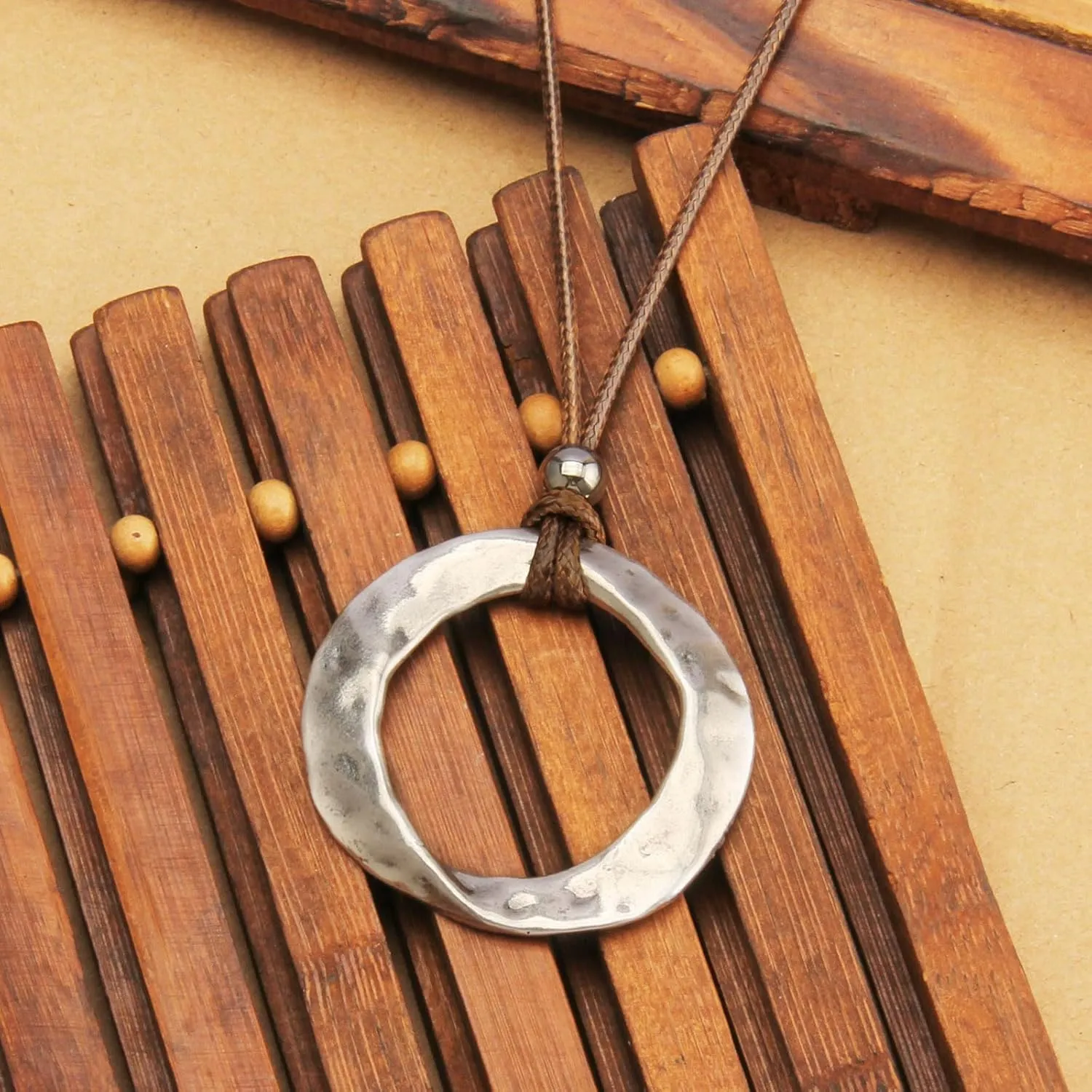 women's leather long necklace Bohemian necklace circle pendant necklace boho retro necklaces for women woven handmade jewelry
