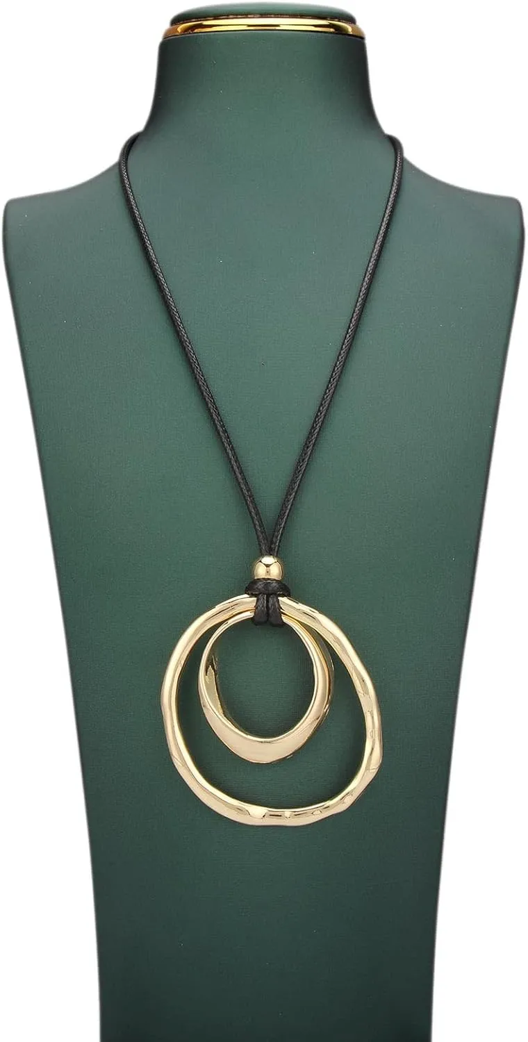 women's leather long necklace Bohemian necklace circle pendant necklace boho retro necklaces for women woven handmade jewelry