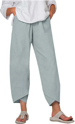 Womens Linen Pants Summer Beach High Waisted Oversized Cropped Pants Casual Loose Fit Trousers 2025 Vacation Clothes