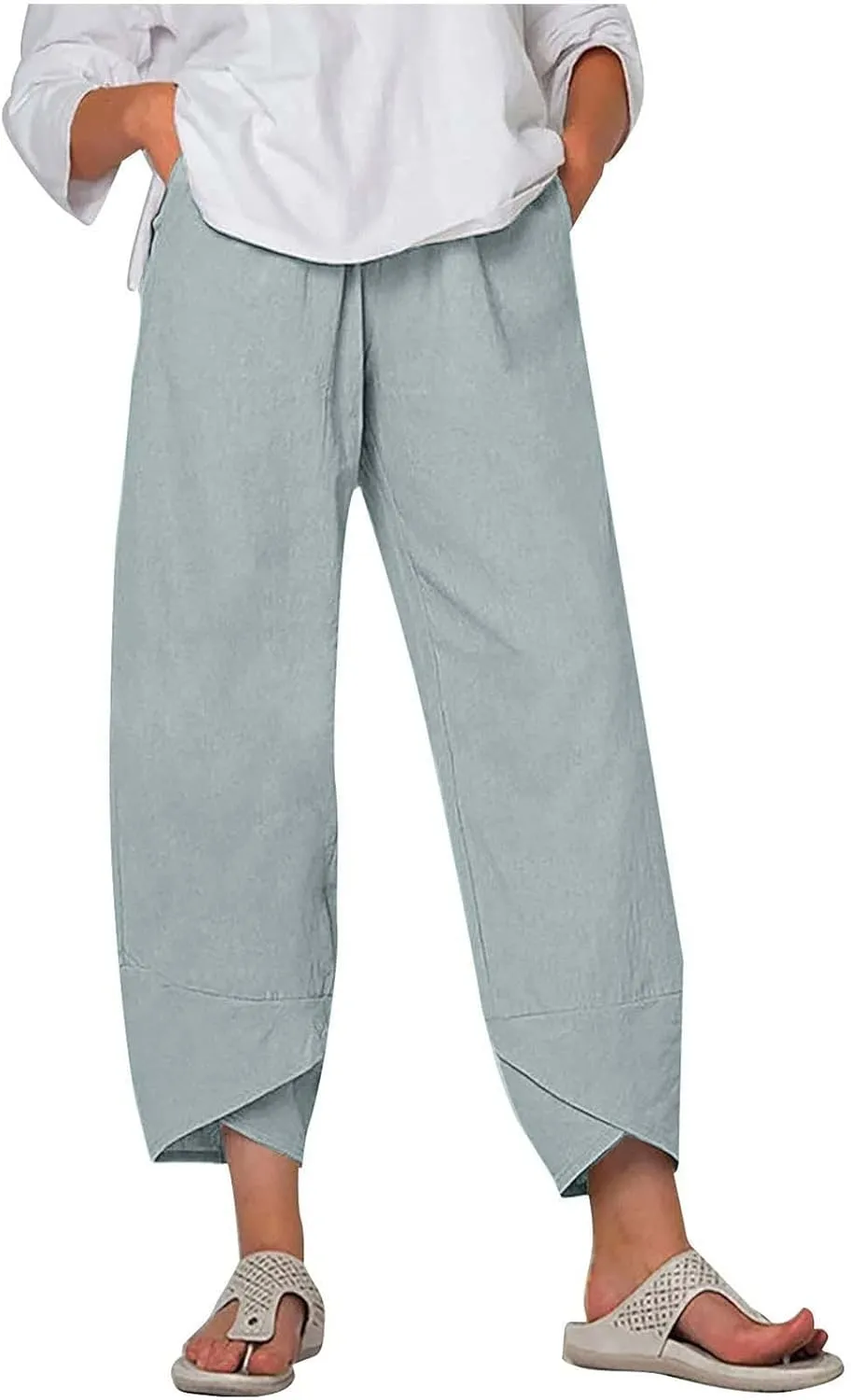 Womens Linen Pants Summer Beach High Waisted Oversized Cropped Pants Casual Loose Fit Trousers 2025 Vacation Clothes
