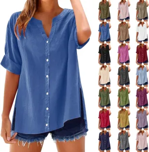 Women's Linen Shirt Stand Collar Solid Color Tops 3/4 Sleeve Casual T-Shirt Fashionable Comfy Loose Button Blouse