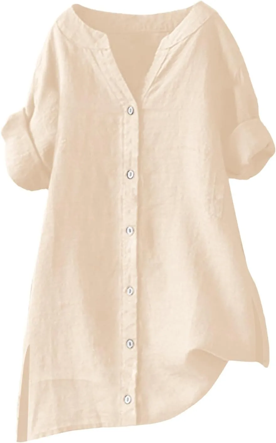 Women's Linen Shirt Stand Collar Solid Color Tops 3/4 Sleeve Casual T-Shirt Fashionable Comfy Loose Button Blouse