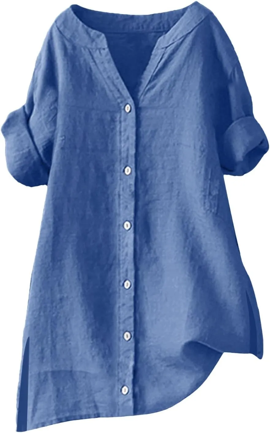 Women's Linen Shirt Stand Collar Solid Color Tops 3/4 Sleeve Casual T-Shirt Fashionable Comfy Loose Button Blouse