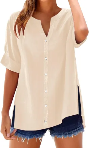 Women's Linen Shirt Stand Collar Solid Color Tops 3/4 Sleeve Casual T-Shirt Fashionable Comfy Loose Button Blouse