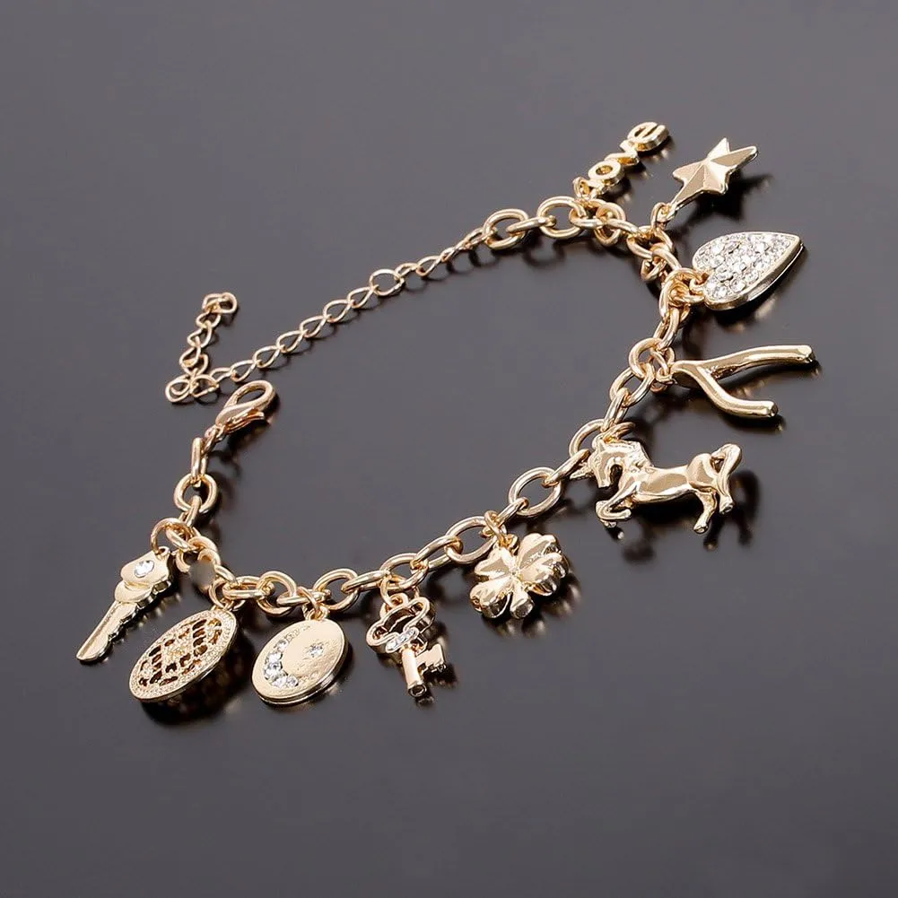 Womens Link Charm Bracelet Unicorn Butterfly Star Heart Pendant Charms Bracelet Bangles for Women