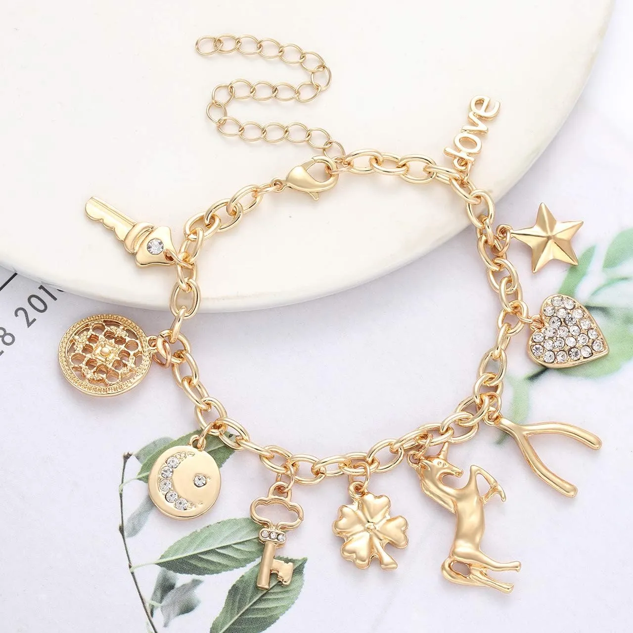 Womens Link Charm Bracelet Unicorn Butterfly Star Heart Pendant Charms Bracelet Bangles for Women