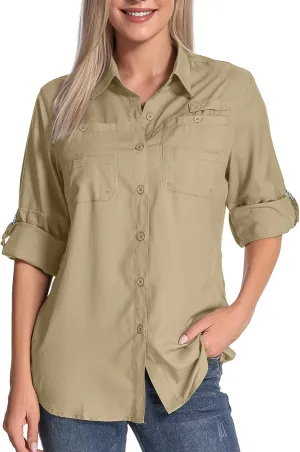 Womens Long Sleeve Sun Protection Hiking Fishing Shirts UPF 50  UV Lightweight Quick-Dry Safari Shirts Womens Outdoor