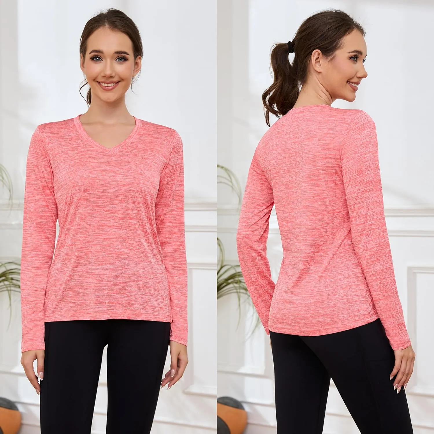 Womens Long Sleeve Workout Tops Moisture Wicking Athletic Shirts Running Quick Dry V Neck T Shirts for Women