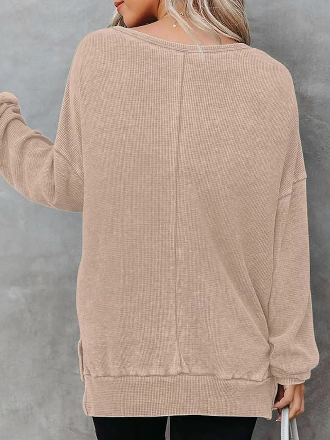 Womens Oversized Sweatshirts Crewneck Waffle Knit Casual Pullover Blouses Long Sleeve Side Slit Sweatshirt Tops S-2XL