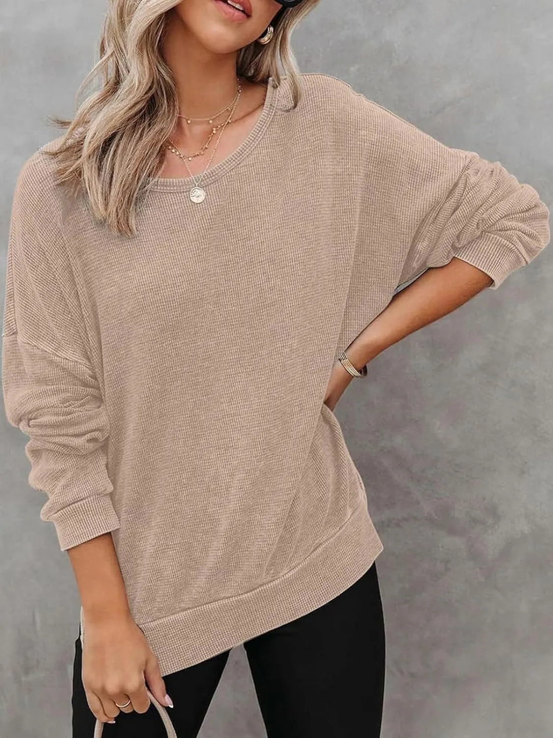 Womens Oversized Sweatshirts Crewneck Waffle Knit Casual Pullover Blouses Long Sleeve Side Slit Sweatshirt Tops S-2XL