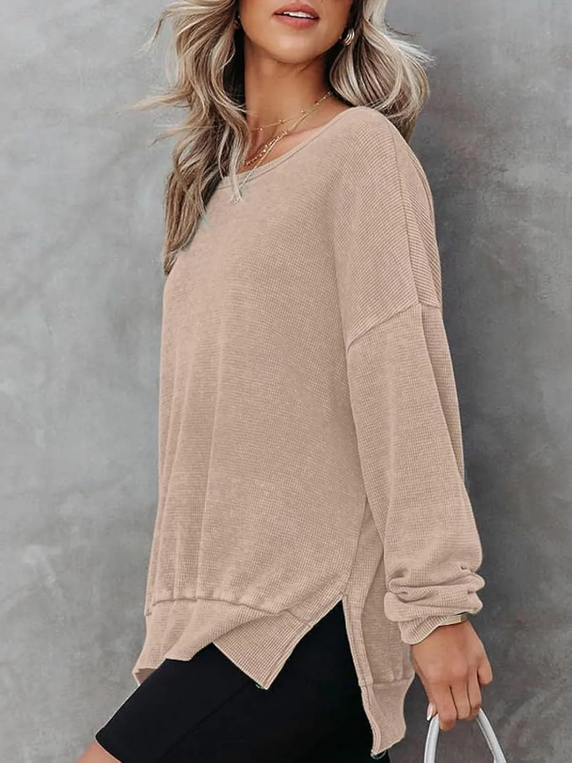 Womens Oversized Sweatshirts Crewneck Waffle Knit Casual Pullover Blouses Long Sleeve Side Slit Sweatshirt Tops S-2XL