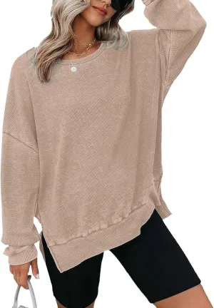 Womens Oversized Sweatshirts Crewneck Waffle Knit Casual Pullover Blouses Long Sleeve Side Slit Sweatshirt Tops S-2XL
