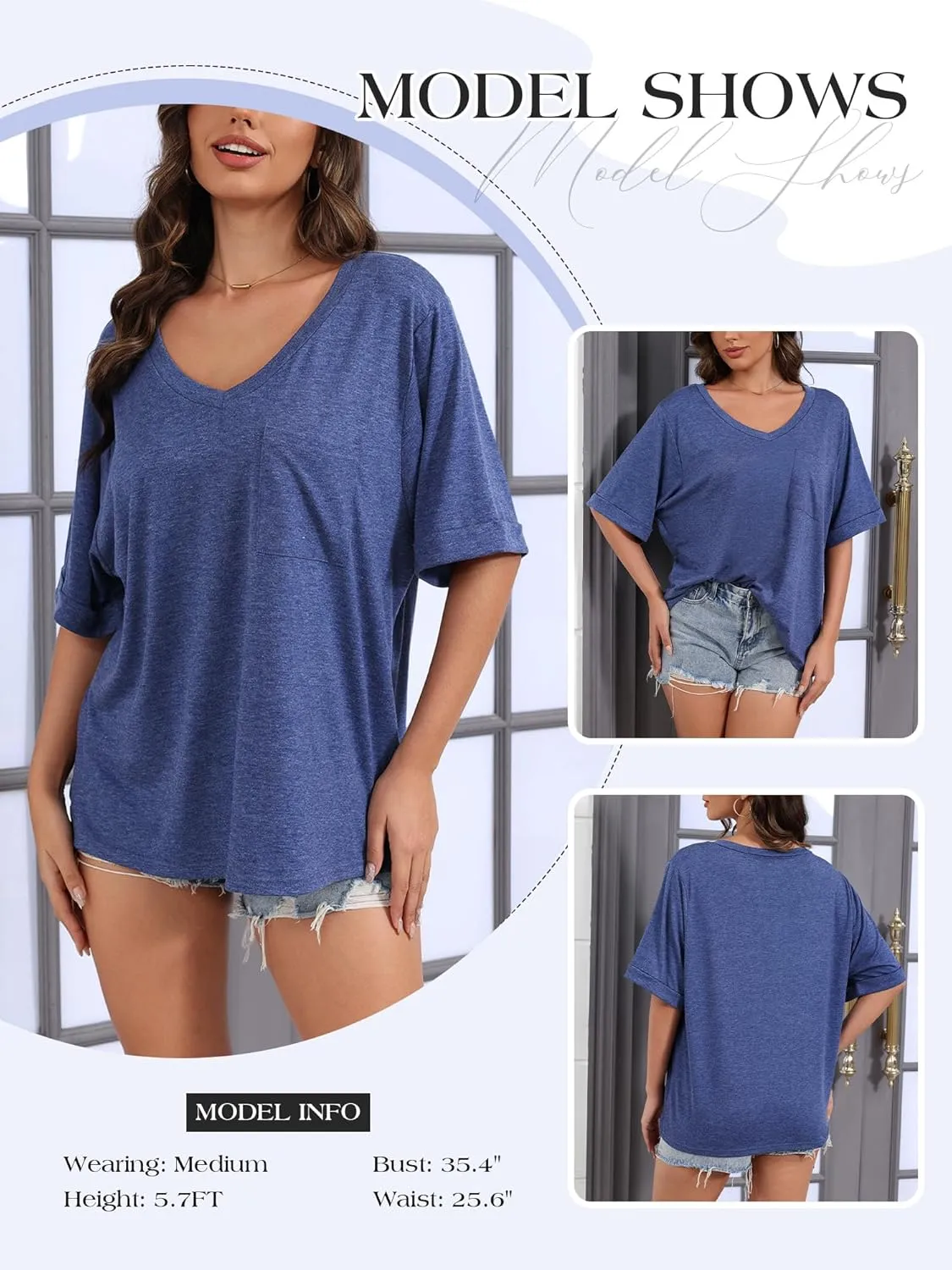 Womens Oversized T Shirts V Neck Rolled Sleeve Pocket Summer Tops Casual Loose Basic Tee Shirts 2024 Trendy