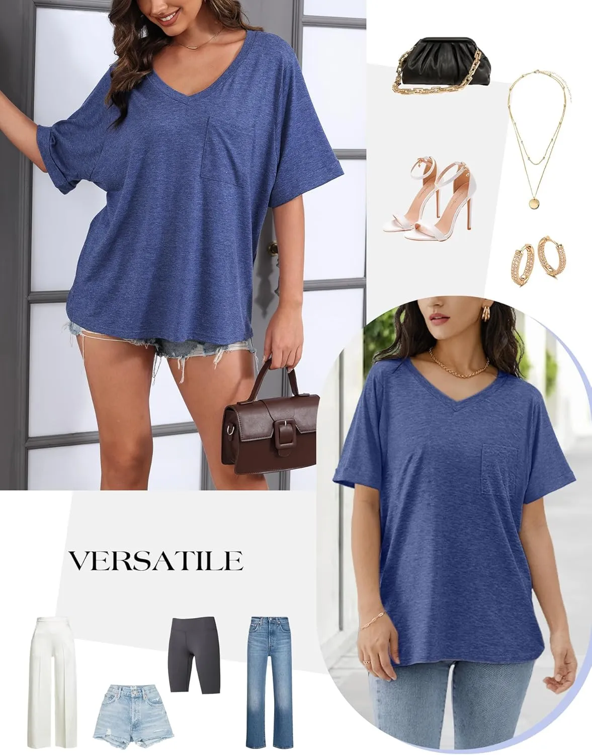 Womens Oversized T Shirts V Neck Rolled Sleeve Pocket Summer Tops Casual Loose Basic Tee Shirts 2024 Trendy