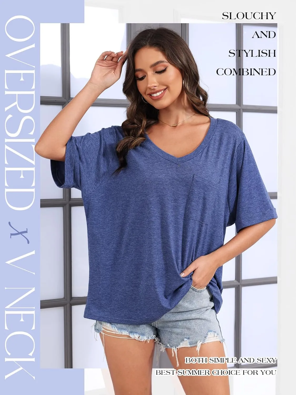 Womens Oversized T Shirts V Neck Rolled Sleeve Pocket Summer Tops Casual Loose Basic Tee Shirts 2024 Trendy