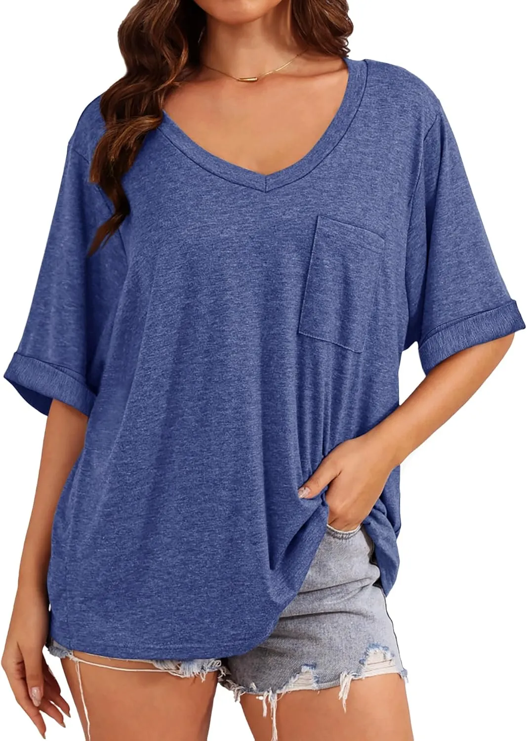 Womens Oversized T Shirts V Neck Rolled Sleeve Pocket Summer Tops Casual Loose Basic Tee Shirts 2024 Trendy