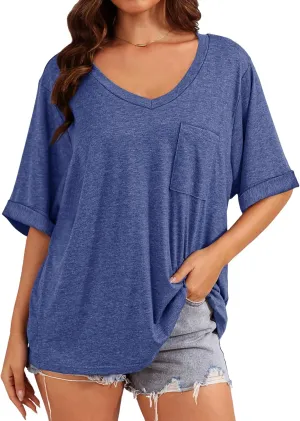 Womens Oversized T Shirts V Neck Rolled Sleeve Pocket Summer Tops Casual Loose Basic Tee Shirts 2024 Trendy