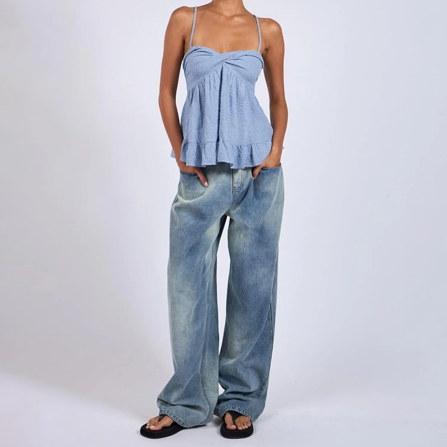 Womens Peplum Tank Tops Y2k Spaghetti Strap Ruffle Hem Smocked Cami Vest Tops Babydoll Summer Camisole