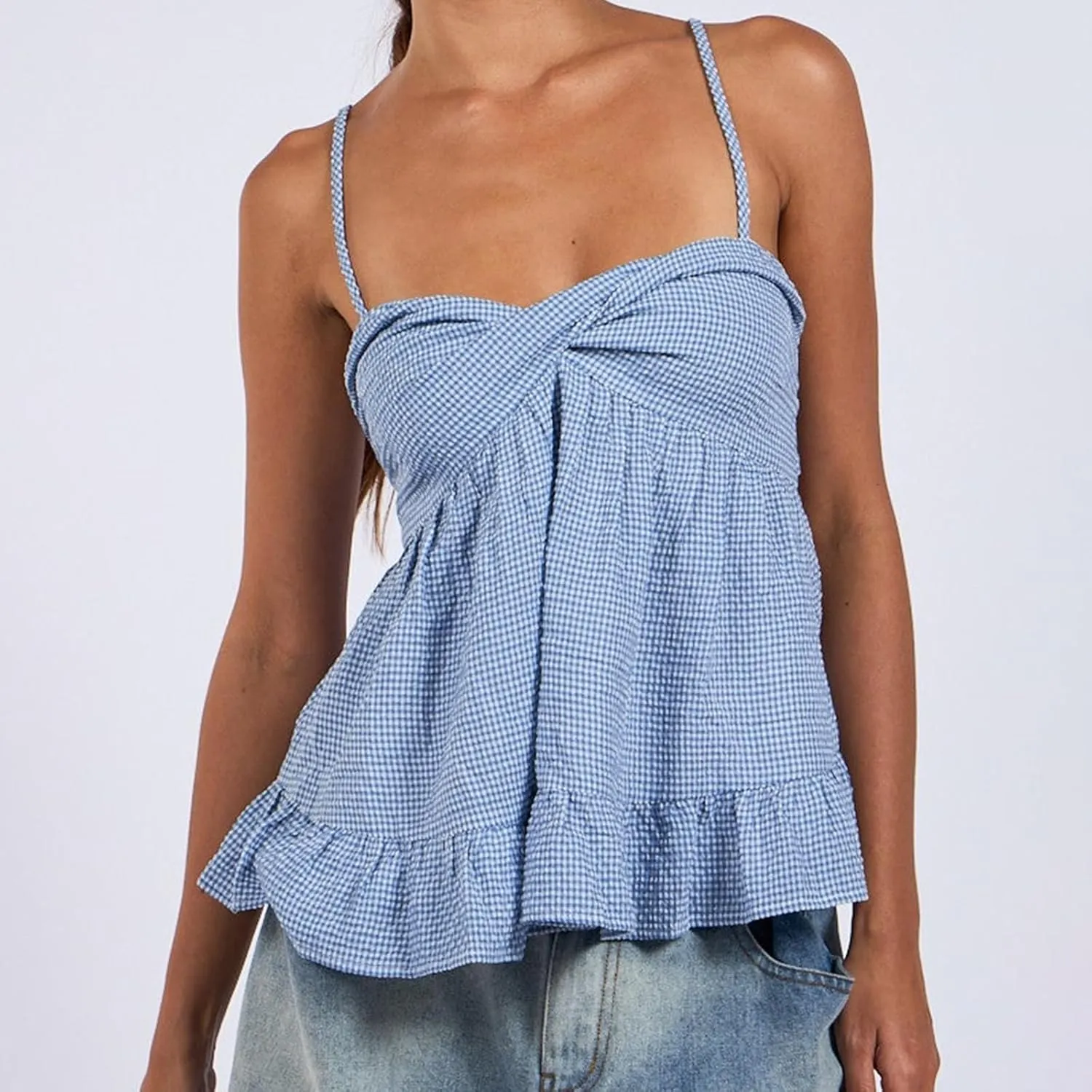 Womens Peplum Tank Tops Y2k Spaghetti Strap Ruffle Hem Smocked Cami Vest Tops Babydoll Summer Camisole