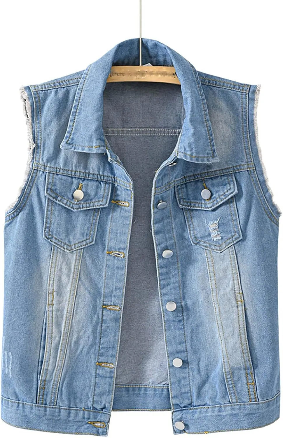 Women's Plus Size Denim Vest with Two Chest Flap Pockets Sleeveless Jackets Frayed Hem Cargo Trucker Jean Vest