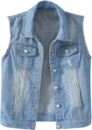 Women's Plus Size Denim Vest with Two Chest Flap Pockets Sleeveless Jackets Frayed Hem Cargo Trucker Jean Vest