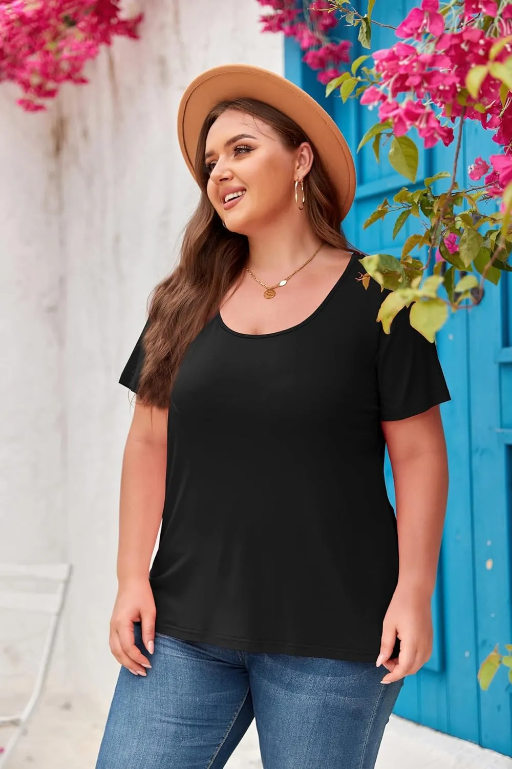 Women's Plus Size Scoop Neck Short Sleeve T Shirts Blouses Tops Basic Ladies Loose Fit T Shirt