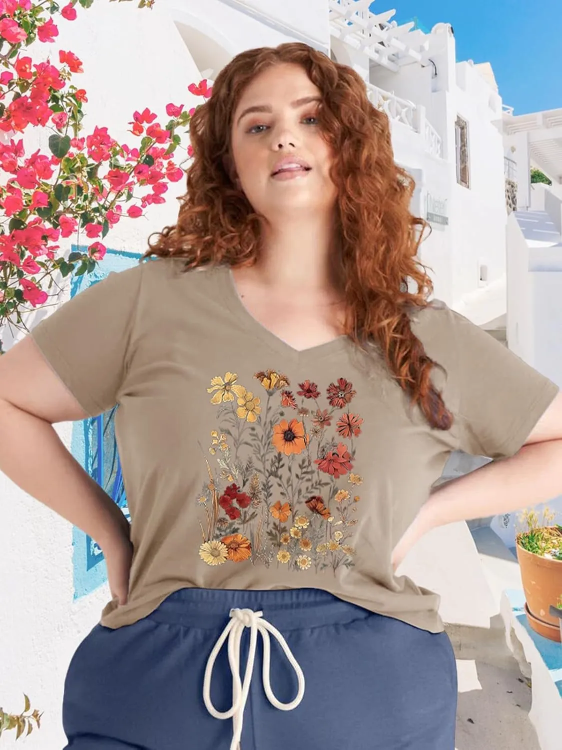 Womens Plus Size Tops Boho Floral Short Sleeve V Neck T-Shirt Casual Summer Wildflower Graphic Tees