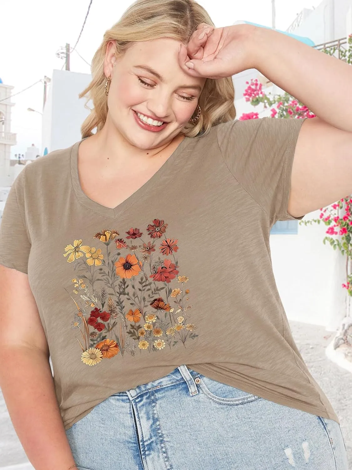 Womens Plus Size Tops Boho Floral Short Sleeve V Neck T-Shirt Casual Summer Wildflower Graphic Tees