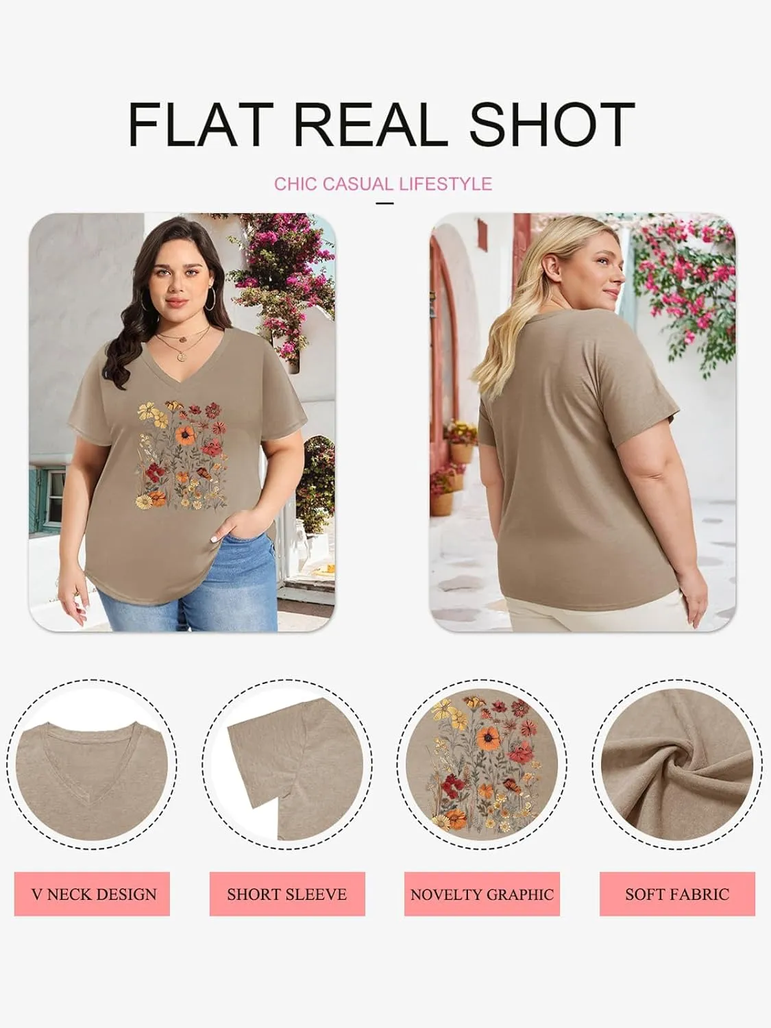Womens Plus Size Tops Boho Floral Short Sleeve V Neck T-Shirt Casual Summer Wildflower Graphic Tees