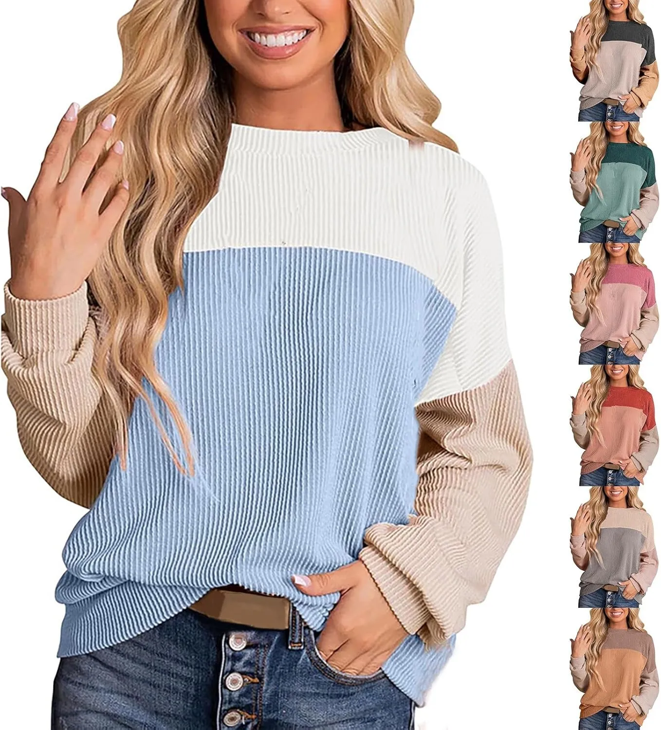 Womens Ribbed Sweatshirt Oversized Color Block Hoodie Long Sleeve Sweater Crewneck Shirts Tops Casual Loose Tops