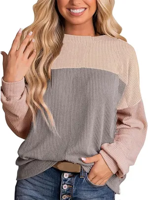 Womens Ribbed Sweatshirt Oversized Color Block Hoodie Long Sleeve Sweater Crewneck Shirts Tops Casual Loose Tops