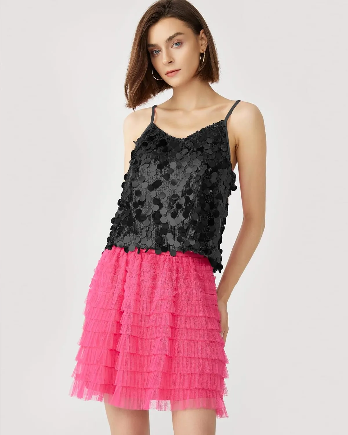 Women's Sequin Tops - V-Neck Sparkle Tank Tops - Spaghetti Strap Shimmer Camisole Party Club Cocktail Cami